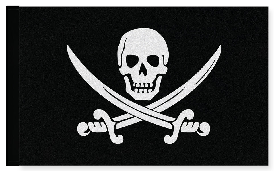 Calico Jack Pirate Jolly Roger Flag, Jack Rackham Skull Crossed Swords-High quality, professionally printed polyester banner pole flag. Single or double sided with grommets or pole pocket. 3x2 / 2x3 ft, 3x5 / 5x3 ft or custom size. Fully customizable on request. Jack Rackham Calico Jack Pirate Jolly Roger Skull and crossbones sword cutlass symbol flag. Boat, ship, cosplay prop replica.-5 ft x 3 ft-Standard-Sleeve (black)-