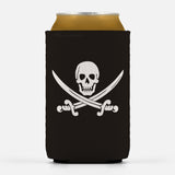 Calico Jack Pirate Flag Beverage Insulator Sleeve, Can Cooler Wrap-Ahoy Mateys! This useful reusable insulating wrap keeps beverages colder than Davey Jones' locker. Marks yer beverage at raucous pirate parties for easy identification. High quality, neoprene beverage insulator fits most standard 12oz and 16 fl oz beer and soda cans or bottles. Classic skull jolly roger pirate symbol. -
