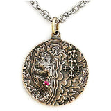 Castle Dracula Map Necklace - Great Classic Vampire Gothic Horror Gift-Sterling Silver medallion featuring a topographical map of the Transylvanian mountain range, a blood red imitation garnet stone marking the location of Castle Dracula, Mount Izvorul Calimanului in the Kelemen Alps, Transylvania Romania bordering Moldavia/Moldova. 

Officially Licensed Bram Stoker jewelry. Made in USA. -Antiqued Bronze-24" Stainless Steel Curb Chain-