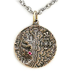 Castle Dracula Map Necklace - Great Classic Vampire Gothic Horror Gift-Solid bronze or brass medallion featuring a topographical map of the Transylvanian mountain range, a blood red imitation garnet stone marking the location of Castle Dracula, Mount Izvorul Calimanului in the Kelemen Alps, Transylvania Romania bordering Moldavia / Moldova. Official Bram Stoker jewelry. Made in USA. -Antiqued Bronze-24" Stainless Steel Curb Chain-
