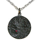 Castle Dracula Map Necklace - Great Classic Vampire Gothic Horror Gift-Sterling Silver medallion featuring a topographical map of the Transylvanian mountain range, a blood red imitation garnet stone marking the location of Castle Dracula, Mount Izvorul Calimanului in the Kelemen Alps, Transylvania Romania bordering Moldavia/Moldova. 

Officially Licensed Bram Stoker jewelry. Made in USA. -Dark Bronze-24" Stainless Steel Curb Chain-