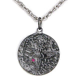 Castle Dracula Map Necklace - Great Classic Vampire Gothic Horror Gift-Sterling Silver medallion featuring a topographical map of the Transylvanian mountain range, a blood red imitation garnet stone marking the location of Castle Dracula, Mount Izvorul Calimanului in the Kelemen Alps, Transylvania Romania bordering Moldavia/Moldova. 

Officially Licensed Bram Stoker jewelry. Made in USA. -Dark Sterling Silver-24" Stainless Steel Curb Chain-