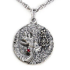 Castle Dracula Map Necklace - Great Classic Vampire Gothic Horror Gift-Sterling Silver medallion featuring a topographical map of the Transylvanian mountain range, a blood red imitation garnet stone marking the location of Castle Dracula, Mount Izvorul Calimanului in the Kelemen Alps, Transylvania Romania bordering Moldavia/Moldova. Officially Licensed Bram Stoker jewelry. Made in USA. -Sterling Silver-24" Stainless Steel Curb Chain-