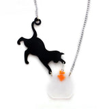 Cute Funny Black Cat and Fishbowl Acrylic Fashion Necklace-Large acrylic statement necklace featuring a black cat batting at a goldfish in a clear fishbowl. Comes on an adjustable 50cm chain. Cat measures approximately 9cm with 4cm fishbowl. Free Shipping Worldwide. This item is made-to-order and ships from abroad. Typically arrives in 2-3 weeks. Fun unique gift for cat lovers-