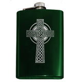 -Engraved 8oz Top Shelf Stainless Steel Hip / Pocket Flask with easy closure screw cap lid. Optional customized engraving, funnel, gift box with cups, etc. Ships from USA. Quality drinking liquor drinker gift idea portable alcohol flask . Celtic cross irish scottish celt st patricks day ireland christian knotwork cross-Green-Just the Flask-616641499792