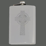 -Engraved 8oz Top Shelf Stainless Steel Hip / Pocket Flask with easy closure screw cap lid. Optional customized engraving, funnel, gift box with cups, etc. Ships from USA. Quality drinking liquor drinker gift idea portable alcohol flask . Celtic cross irish scottish celt st patricks day ireland christian knotwork cross-