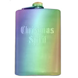 Christmas Spirit Festive Flask-Whether celebrating the holidays with extra spirits, need help getting in the holiday spirit, or need a gift for a scrooge or grinch who could... this flask suits the occasion. Perhaps with a bit of pine scented gin? Custom Engraved 8oz Hip / Pocket Flask, optional funnel or gift box with funnel and shot glasses-Rainbow Finish-Just the Flask-616641499792