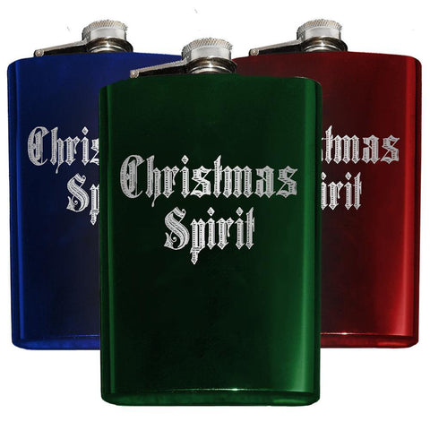 Christmas Spirit Festive Flask-Whether celebrating the holidays with extra spirits, need help getting in the holiday spirit, or need a gift for a scrooge or grinch who could... this flask suits the occasion. Perhaps with a bit of pine scented gin? Custom Engraved 8oz Hip / Pocket Flask, optional funnel or gift box with funnel and shot glasses-