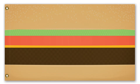 Burger Kingdom Flag, Funny Weird Fictional Cheeseburger Country State-High quality, professionally made polyester flag. Single or double-sided with grommets or pole sleeve. 2x1ft/1x2ft, 3x2ft/2x3ft, 5x3ft/3x5ft, custom. Custom by request. Funny, weird fictional country state cheeseburger hamburger burger cookout grill king dad fathers day grilling i can has burger meme fast food advertising -