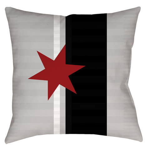 -Square throw pillow in spun polyester or synthetic suede. Retro vintage style grayscale striped design with six sided star accent. -Spun Polyester-14 x 14 inches-Sewn (no zipper)-