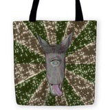 -High quality, woven polyester tote bag with design on both sides. Durable and machine washable. A creepy, weird and wonderful cycloptic sci-fi space creature of unknown alien origin, tongue awag on a gold and green starfield array. Fantastic and bizarre accessory for those seeking something unique and potentially unsettling. -