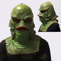 -High quality, detailed latex rubber full over-the-head mask with partial shoulder and breastplate. One size fits most. Free shipping. Classic sci-fi science fiction b-movie horror merman aquatic monster mask halloween costume cosplay tropical lagoon black water lake beast mutant reptile fish man best universal fit-