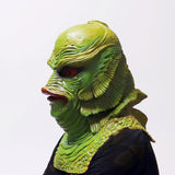 -High quality, detailed latex rubber full over-the-head mask with partial shoulder and breastplate. One size fits most. Free shipping.

Classic sci-fi science fiction b-movie horror merman aquatic monster mask halloween costume cosplay tropical lagoon black water lake beast mutant reptile fish man best universal fit-