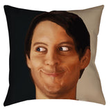 -Funny Creepy Tobey Meme Throw Pillow. Square throw pillow in spun polyester or synthetic suede. Image appears on both sides, mirrored so all is within his knowing gaze! Share a knowing sideways glance and an inside joke. The weird expression on his face says it all. Toby knows, but your secrets are safe with him.-