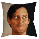 -Funny Creepy Tobey Meme Throw Pillow. Square throw pillow in spun polyester or synthetic suede. Image appears on both sides, mirrored so all is within his knowing gaze! Share a knowing sideways glance and an inside joke. The weird expression on his face says it all. Toby knows, but your secrets are safe with him.-Spun Polyester-14 x 14 inches-Sewn (no zipper)-