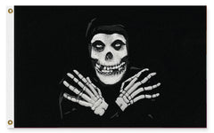 Crimson Ghost Flag - 3x2ft or 5x3ft High Quality - Retro Horror Serial-High quality, single or double sided polyester banner pole flag. 3x2 2x3 3x5 5x3 ft or custom size. Fiends and misfits, punk rock and classic horror fans hooded grim reaper death skeleton villain goth festival jolly roger, fiend monster creature, black or crimson with iconic white skull and hands ghoul logo, halloween-3 ft x 2 ft - Black-Standard-Grommets-