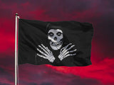 Crimson Ghost Flag - 3x2ft or 5x3ft High Quality - Retro Horror Serial-High quality, single or double sided polyester banner pole flag. 3x2 2x3 3x5 5x3 ft or custom size. Fiends and misfits, punk rock and classic horror fans hooded grim reaper death skeleton villain goth festival jolly roger, fiend monster creature, black or crimson with iconic white skull and hands ghoul logo, halloween-