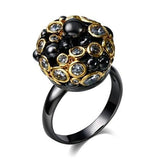 Dark Carnival Black BIshop Cocktail Ring - Black Gold Gothic Fashion Ring-Dark Carnival Black Bishop Cocktail Ring - a crown of bubbling black crude set with numerous goldtone encircled CZ stones. Unique black gold designer ring fitting a wide range of styles - gothic, hip hop, harajuku, high fashion. Expertly crafted in brass and copper, unique deep black plating, goldtone accents & CZ stones.-10-