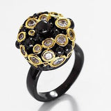 Dark Carnival Black BIshop Cocktail Ring - Black Gold Gothic Fashion Ring-Dark Carnival Black Bishop Cocktail Ring - a crown of bubbling black crude set with numerous goldtone encircled CZ stones. Unique black gold designer ring fitting a wide range of styles - gothic, hip hop, harajuku, high fashion. Expertly crafted in brass and copper, unique deep black plating, goldtone accents & CZ stones.-
