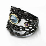 Dark Carnival Hollow Sea RIng, Black Gold Woven Neo-Gothic Ring with Blue CZ Stone-6-