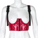 -Soft and slightly stretchy faux leather (PU and Polyester) crop top underbust corset with adjustable clip strap suspenders and center zipper.See size chart in images. Ships from abroad. Standard and expedited shipping available. Sexy raider inexpensive Punk Goth Gothic Tomb Clubwear Cyberpunk Streetwear cosplay womens -