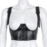 -Soft and slightly stretchy faux leather (PU and Polyester) crop top underbust corset with adjustable clip strap suspenders and center zipper.See size chart in images. Ships from abroad. Standard and expedited shipping available. Sexy raider inexpensive Punk Goth Gothic Tomb Clubwear Cyberpunk Streetwear cosplay womens -