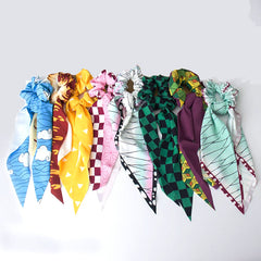-Quality polyester and elastic scrunchie with ribbons. 16 styles, each measuring approximately 35 x 11cm / 13.75 x 4.3 inches with one sided print. Free shipping. Demon Slayer anime cosplay fashion hair accessories casual cosplay girls womens Nezuko Zenitsu Tanjirou Inosuke Kyoujurou Tengen Mitsuri Obanai Sanemi Muichirou-