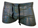 Men's Iridescent Silver Disco Rave Shorts-Fantastic flashy men's metallic rave shorts with an iridescent finish that changes colors as you move. Drawstring elastic waist, separate front and side panels. Fitted, short and sexy. Shipped in 2-3 business days from the USA.

Disco ball glitter sparkle glittering sparkly gay clubwear San Francisco Knobs booty trunks-L-