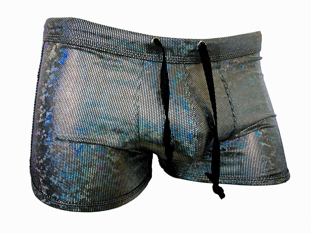 Men's Iridescent Silver Disco Rave Shorts-Fantastic flashy men's metallic rave shorts with an iridescent finish that changes colors as you move. Drawstring elastic waist, separate front and side panels. Fitted, short and sexy. Shipped in 2-3 business days from the USA.

Disco ball glitter sparkle glittering sparkly gay clubwear San Francisco Knobs booty trunks-