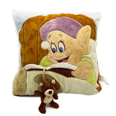 -Super cute soft stitched plush pillow featuring Dopey from Snow White and the 7 Dwarfs tucked in bed and reading a storybook with hidden pocket holding his attached stuffed teddy bear.High quality, 30cm/12.6in. Imported, Free shipping Disney sleepy goodnight kids pillow throw cushion snuggle toy bedding gift for child-