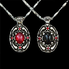 Dracula Life/Death Pendant Necklaces, Sterling Silver Vampire Jewelry-Sterling Silver Bram Stoker's Dracula Life or Death pendant necklace representing elements of the classic, world famous gothic horror vampire story. Choice of central stone, a red lab-grown star ruby or natural black onyx. 20 inch stainless steel drip chain. Handcrafted Fine Silver Jewelry. Made in the USA. -