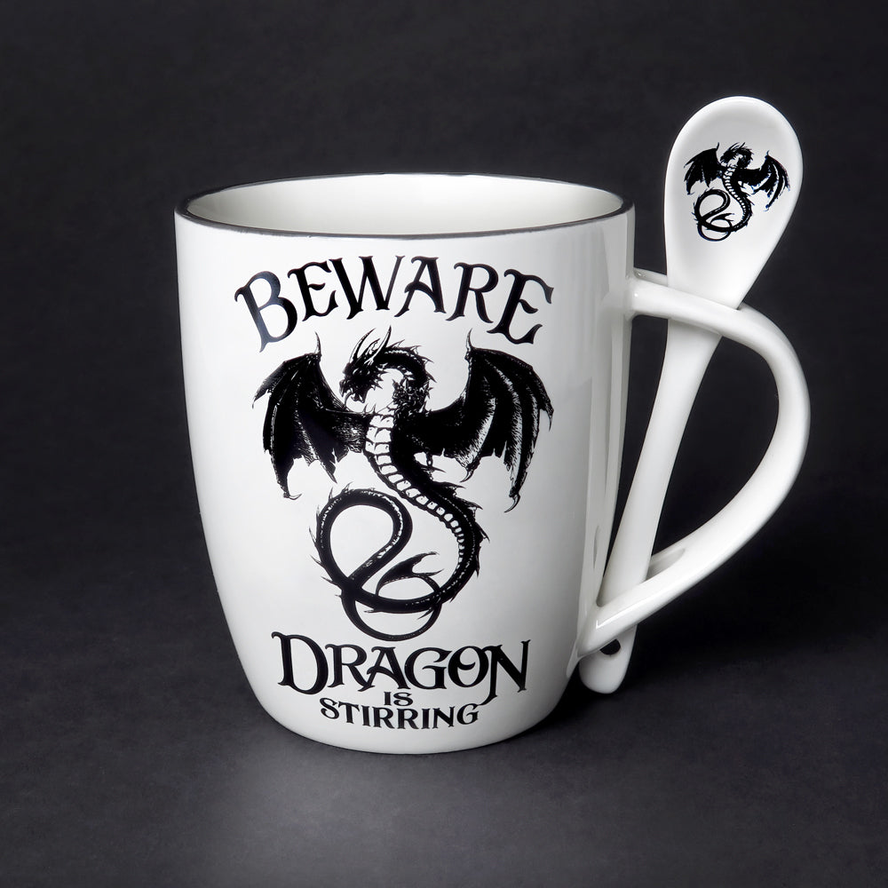 Beware! Dragon Is Stirring Mug and Spoon Set, Alchemy Gothic-Cause a stir with these incredible mug and spoon gift sets! Perfect for a tea or coffee loving friend! Or maybe a little treat just for you. Serve up a fiendishly good brew! 13oz, Dishwasher Safe.Genuine Alchemy Gothic product. Brand new in box. Ships from USA. Dragons goth fantasy boxed coffee tea cup teacup gift set-