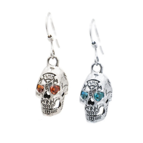 DRESDEN FILES Official BOB THE SKULL Earrings, 3D Sterling Silver-Bob The Skull, a smart-mouthed spirit entity in the possession of powerful wizards since the dark ages and current assistant to Harry Dresden.

Official, handcrafted .925 sterling silver and CZ Dresden Files 3D Bob The Skull earrings - Good Bob, the rarely seen Evil Bob or one of each. Made in the USA. New with COA. -One of Each-