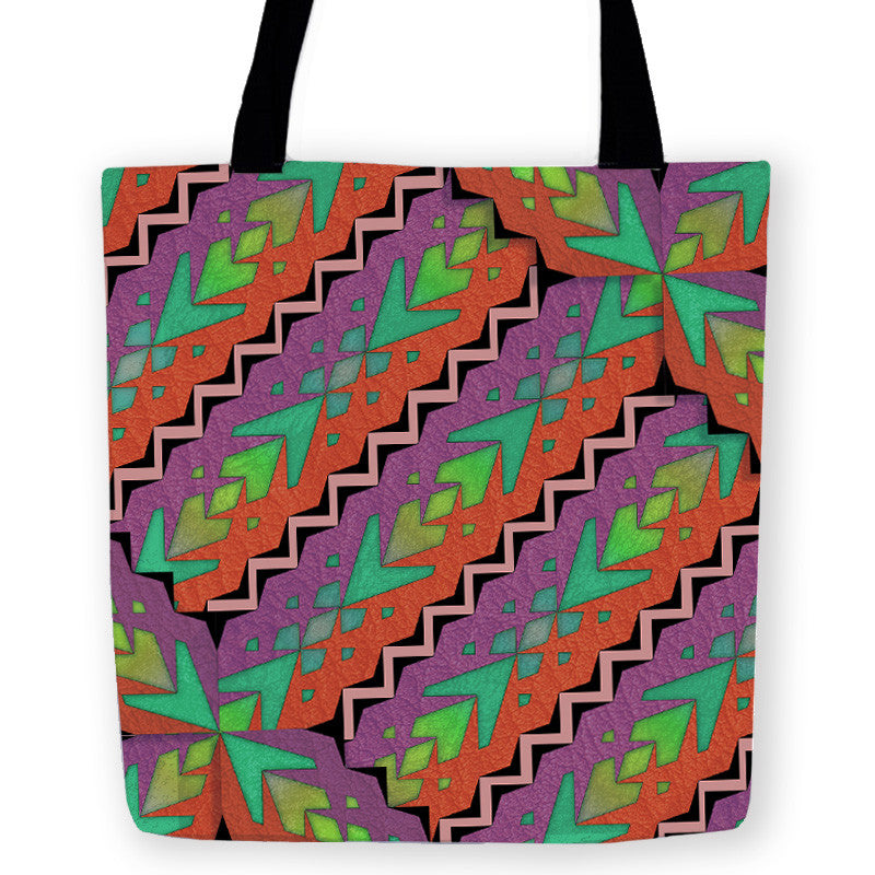 -High Quality Carryall Tote Bag in your choice of 13, 16 or 18 inches. Durable and machine washable. Colorful retro design inspired by the tropical patterns of the early 90s and vintage Dutch pattern camera straps. -