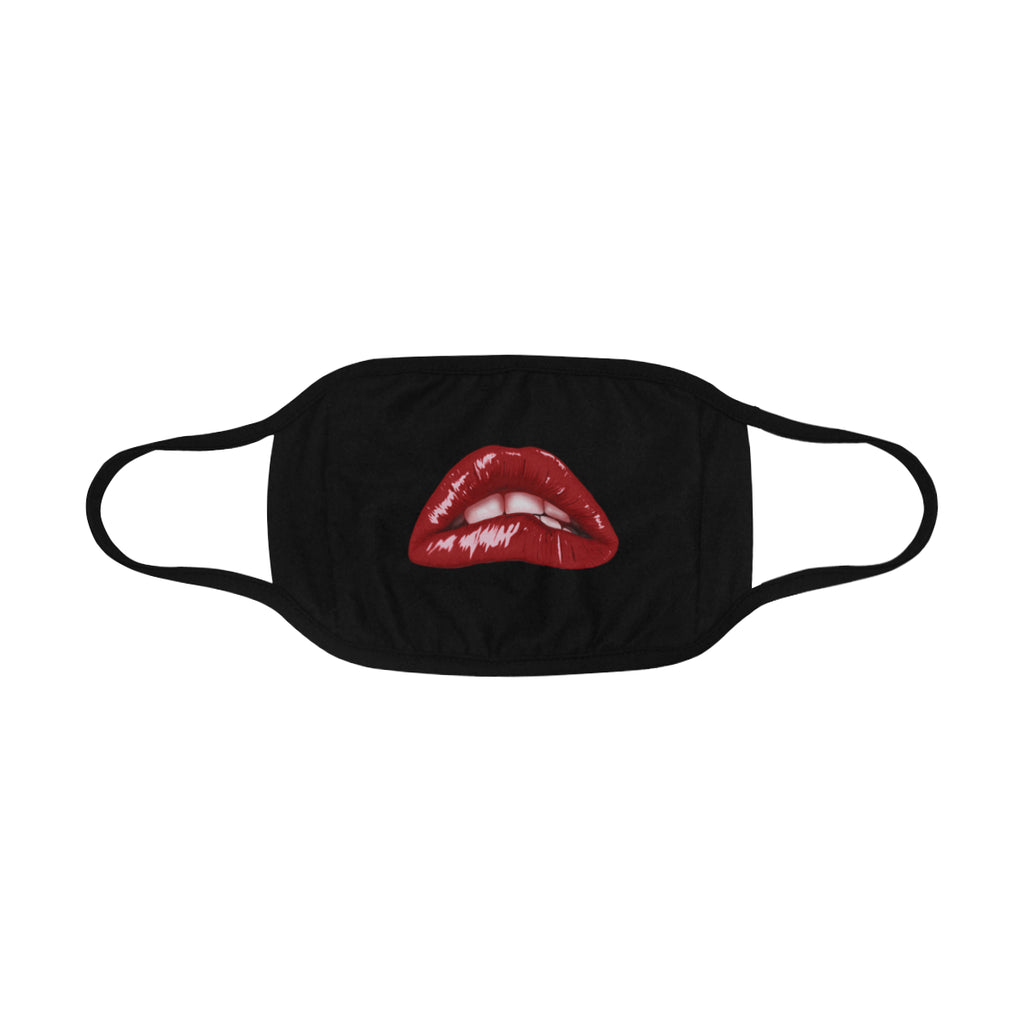 Oh, Rocky! Cloth Face Mask Cover - 3 Sizes - Cult Classic Horror Lips-Fun & funny reusable cloth face mask. Unique bold red mouth biting lip on black, an iconic reminder of a cult classic camp glam transgender rock 'n roll musical horror film / theater production / picture show Polyester fabric and elastic cover for CDC recommended face mask or cover for surgical masks and respirators.-One Size-