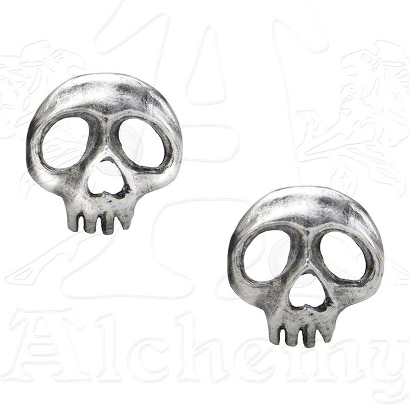 -A pair of punky skull ear studs hand crafted in Sheffield England of lead-free, fine English pewter with Surgical Steel posts. Sold in pairs. Each measures roughly 0.59" x 0.59"-664427040386