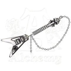 -Alchemy Gothic "Shredder's Axe" Flying V Electric Guitar faux-stretcher Earring An undeniably aggressive instrument of speed and passion, impaling the ear of the dedicated metalhead. Measures roughly 2.56" x 0.87" x 0.31, appearance of a stretcher but fits standard piercing. Made of lead-free fine English pewter with surgical steel post. Designed to fit the right ear only. Genuine Alchemy of England Product - Brand New with Alchemy Lifetime Guarantee -664427040669