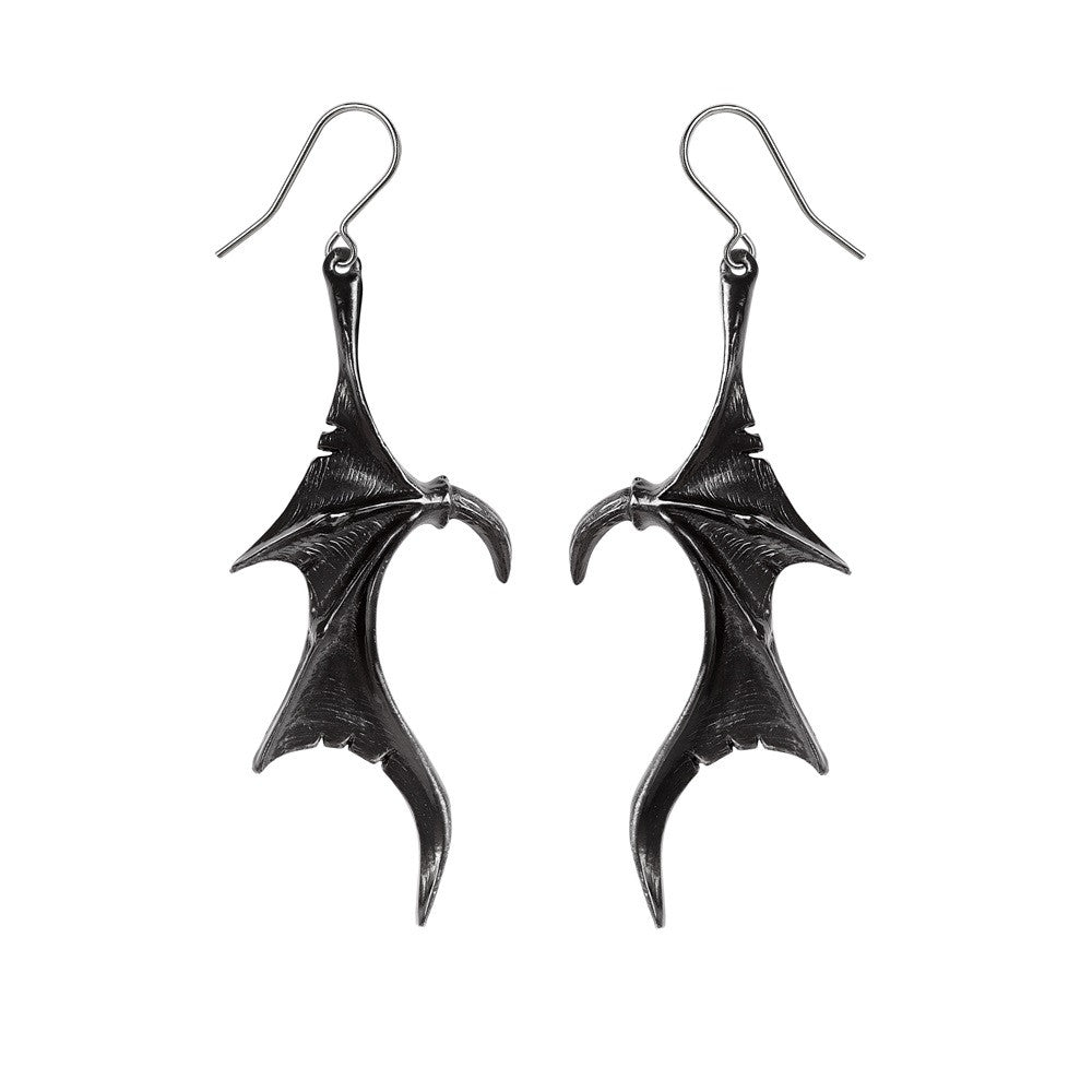 -Taking flight from a subterranean lair, to whisper blessings on a phantom zephyr. So gracing the chosen ones of the dark goddess, with the wings of midnight. Two black pewter earrings of symmetrically opposite dragon wings on surgical steel ear-wires. Handcrafted in the UK. Genuine Alchemy product. Ships from the USA.-664427053195