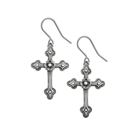 -Crosses, one of the most potent & widely used amulets in the world. Here in the form of the Apostle's Cross, used in High Church Christian devotion. Handcrafted in England of lead-free, Fine English Pewter with surgical stee ear wires. Genuine Alchemy product. Ships from USA. Christ catholic goth fashion jewelry-