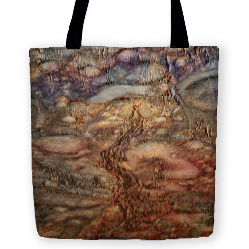 -High quality, woven polyester tote bag. Durable and machine washable. Celestial space fantasy design. An acid like hallucinatory vision inspired by the surface of Enceladus, the sixth moon of Saturn. A halcyon fever dream of an alien fairytale or the ruins that remain. -