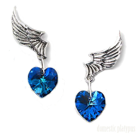 -Alchemy UL17 El Corazon Winged Heart Stud Earrings - Hand crafted lead-free, fine English pewter wings with blue, heart shaped Swarovski crystal droppers.-Blue-