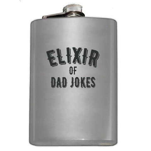 -Custom dad joke gift for the father who drinks and tells dad jokes. Engraved 8oz Top Shelf Stainless Steel Flask with easy closure screw cap lid. Measures 5.5" tall and 3.75" wide and holds eight shots. Optional funnel or gift box with funnel and shot glasses. -Stainless Steel-Just the Flask-725185479396