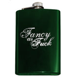 Funny Engraved FANCY AS FUCK FLASK, Classy Crude 8oz Stainless Steel -Funny engraved 8oz Stainless Steel Flask with easy closure screw cap lid. "Fancy as Fuck" script engraving. Choice of color - optonal funnel or gift box with funnel & shot glasses. Fully customizable ships in 2-4 business days. Crude gift for her BFF AF woman women lady ladylike woman wife best friend bridesmaids -Green-Just the Flask-