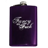 Funny Engraved FANCY AS FUCK FLASK, Classy Crude 8oz Stainless Steel -Funny engraved 8oz Stainless Steel Flask with easy closure screw cap lid. "Fancy as Fuck" script engraving. Choice of color - optonal funnel or gift box with funnel & shot glasses. Fully customizable ships in 2-4 business days. Crude gift for her BFF AF woman women lady ladylike woman wife best friend bridesmaids -Purple-Just the Flask-