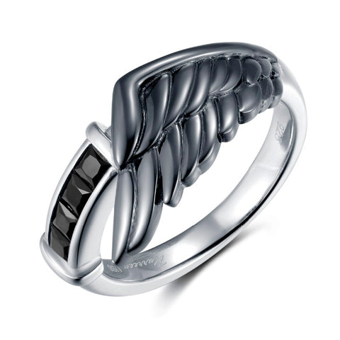Final Fantasy VII Sephiroth Dark Angel Wing Ring, Sterling Silver-High quality ring inspired by Sephiroth's from Final Fantasy. Handcrafted in .925 Sterling Silver with jeweler's blacking and 18K white gold plating, a large dark wing featured at center, offset and accented with four square cut natural black gemstones. Brand New in jeweler's ring box. Free Shipping Worldwide.-9 / 59.5mm / S-