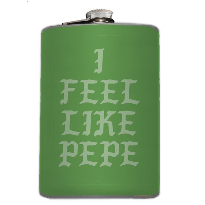 I Feel Like Pepe Kanye Parody Frog Dream Flask-Kanye parody 'I Feel Like Pepe' flask. The reverse reads 'Got a stash of dank memes - this is a frog dream' - Brand New 8oz stainless steel flask with wraparound artwork on waterproof vinyl. Holds eight shots. Optional funnel or gift box with funnel & shot glasses. Made-to-order and typically ships in 2-3 Business Days.-Just the Flask-796752938400