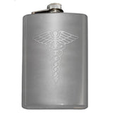 Custom Engraved Caduceus Flask-Custom Engraved 8oz Top Shelf Stainless Steel Hip / Pocket Flask with medical caduceus symbol. Easy closure screw cap lid. Holds eight shots. Optional funnel or gift box with funnel and shot glasses.-Stainless Steel-Just the Flask-616641499792
