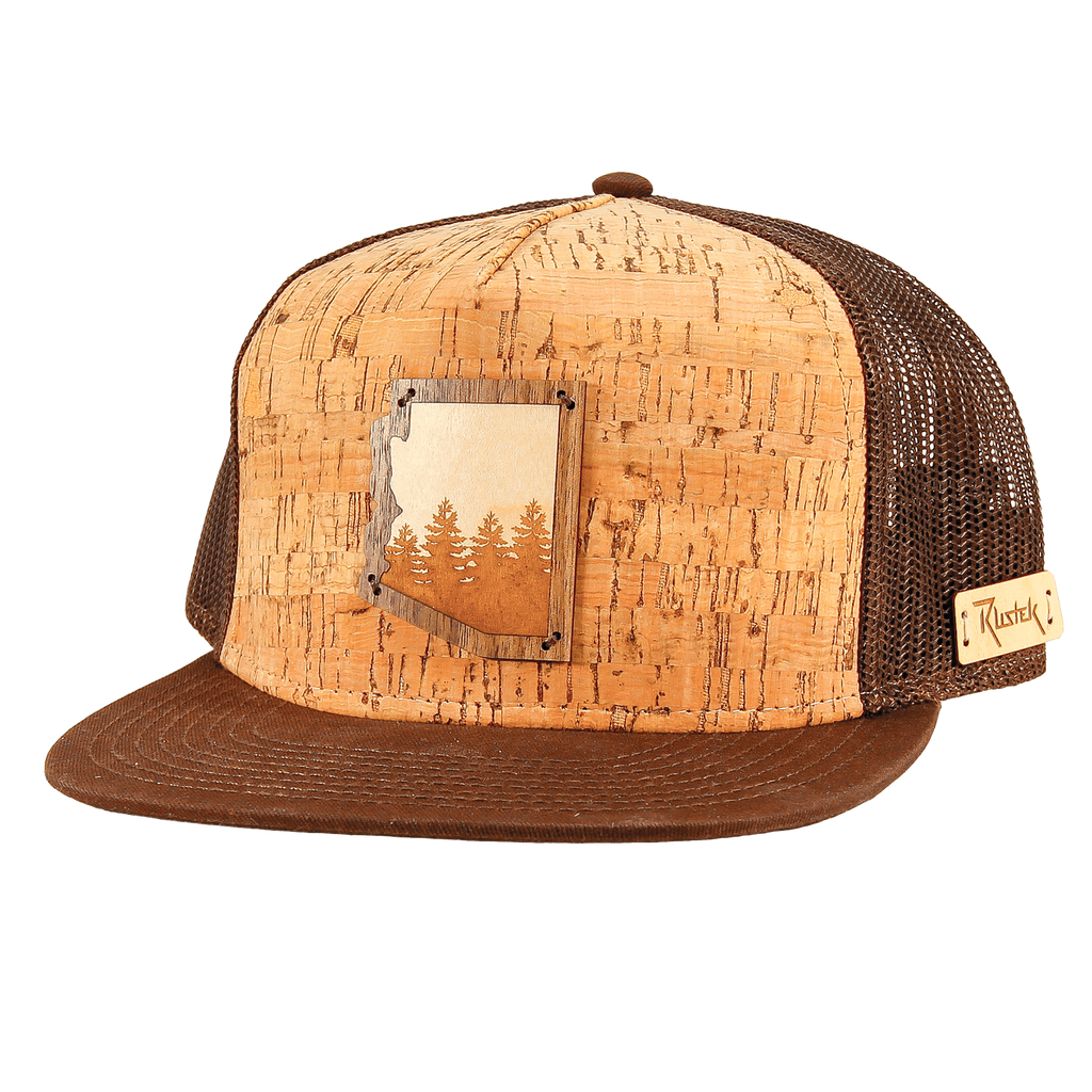 Arizona Treeline Wooden Inlay Trucker Cap, Rustek	- Handmade USA-Wooden inlay trucker cap custom designed and hand crafted in the pacific northwest. Unique handmade designer cork crown snapback w/ maple and walnut wood veneer on bamboo patch. Artisan made in Portland, OR. FSC certified sustainably sourced wood. Percentage of each sale to National Parks. Arizona AZ Phoenix Tucson PHX-