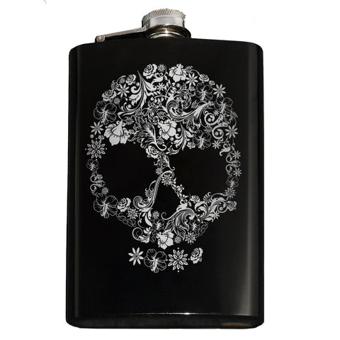 Engraved Floral Skull Flask - 8oz Stainless Steel Drinking Hip Flask-Engraved 8oz Top Shelf Stainless Steel Hip / Pocket Flask with easy closure screw cap lid. Optional customized engraving, funnel, gift box with cups, etc. Ships from USA. Quality drinking liquor drinker gift idea portable alcohol flask goth gothic halloween flower motif skull vodka whiskey -Black-Just the Flask-