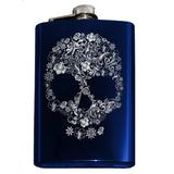 Engraved Floral Skull Flask - 8oz Stainless Steel Drinking Hip Flask-Engraved 8oz Top Shelf Stainless Steel Hip / Pocket Flask with easy closure screw cap lid. Optional customized engraving, funnel, gift box with cups, etc. Ships from USA. Quality drinking liquor drinker gift idea portable alcohol flask goth gothic halloween flower motif skull vodka whiskey -Blue-Just the Flask-